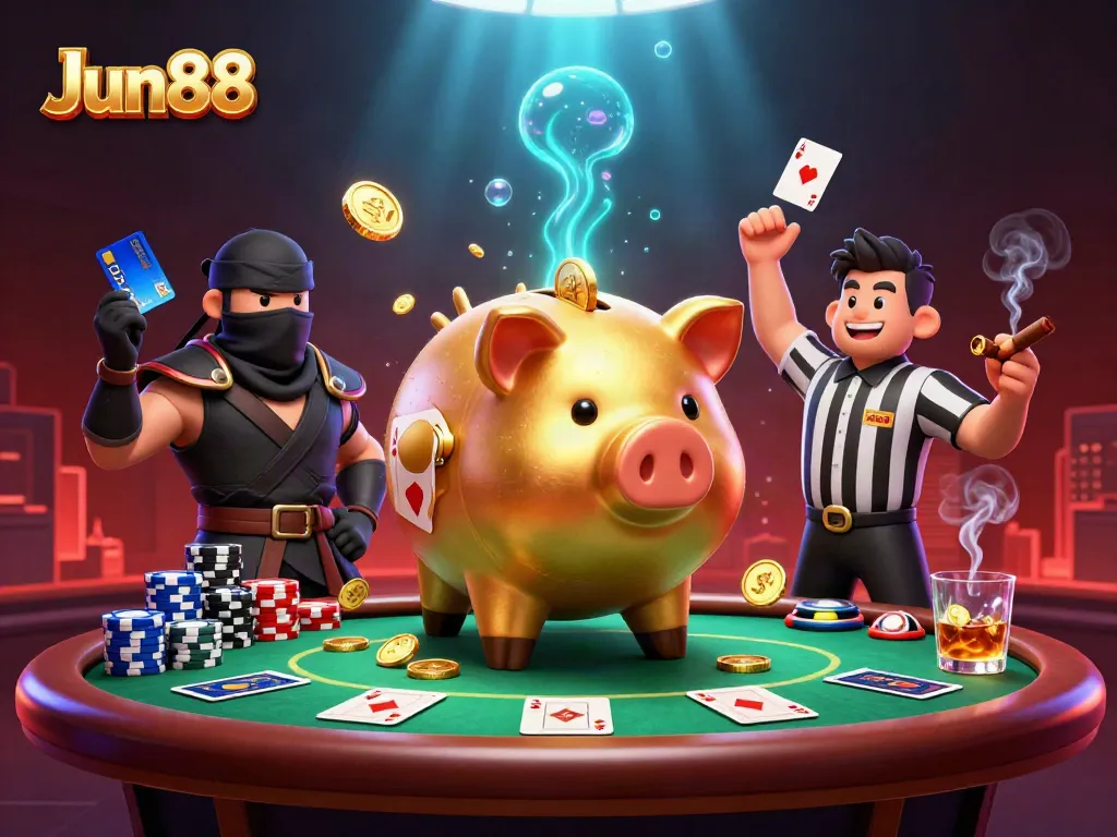 Experience thrilling gameplay with Jun88's dynamic casino illustration featuring a piggy bank sumo wrestler and poker chips.