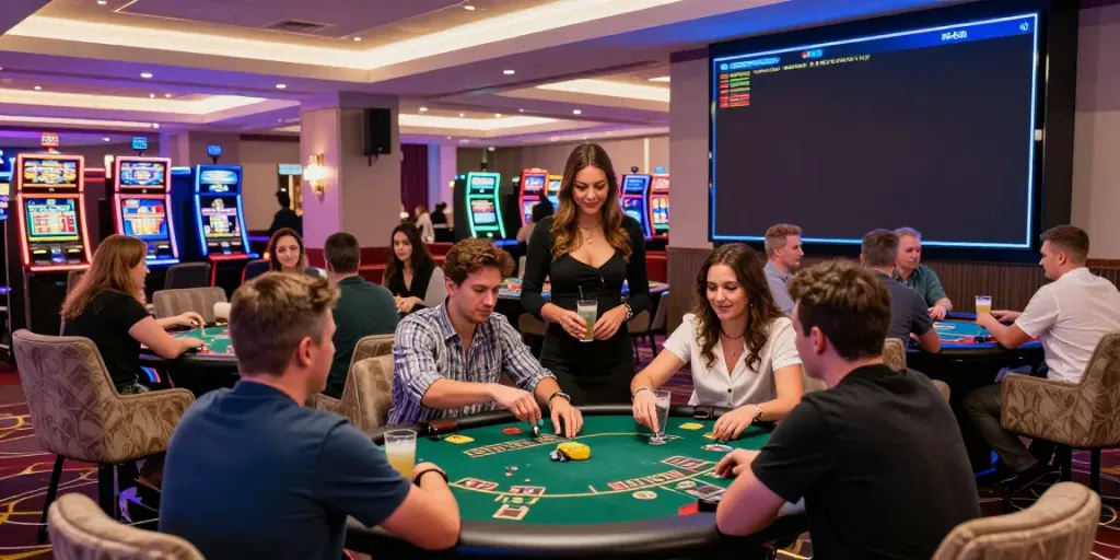 Exciting 2up casino gaming atmosphere with players engaged at tables and colorful lighting.