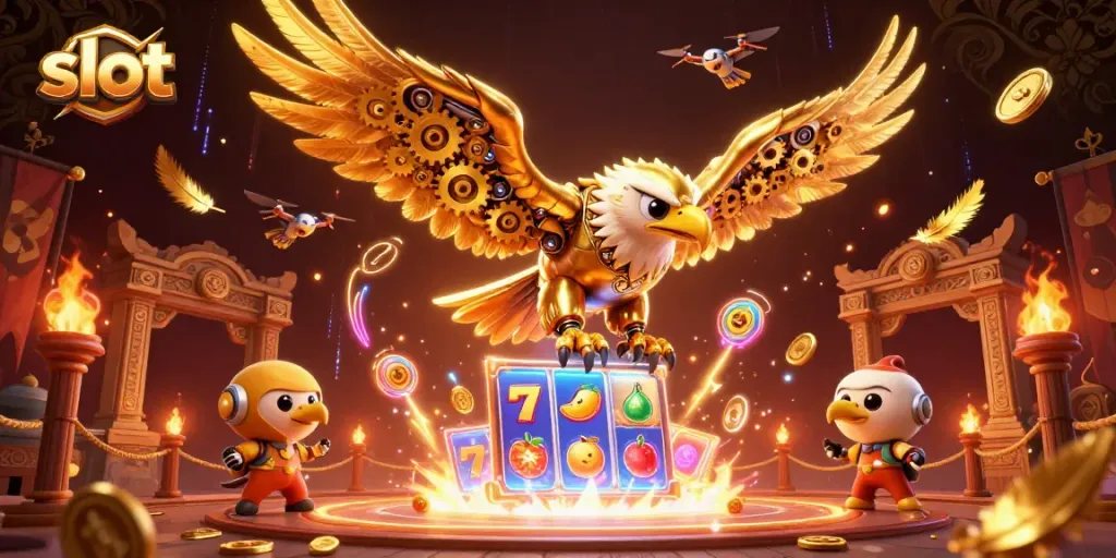 Engage with thrilling slot action featuring vibrant golden eagle and colorful gaming symbols.