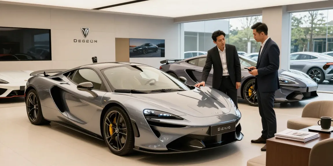 Menyewa mobil mewah LUXURY 777 di showroom mewah dengan mobil sport elegan dan pelanggan yang diperhatikan oleh salesperson.