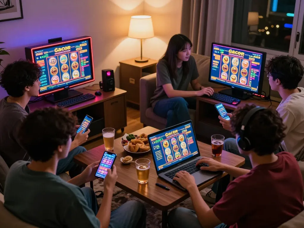 Players engaged in slot gacor game at home, enhancing social gambling experience with virtual interactivity.