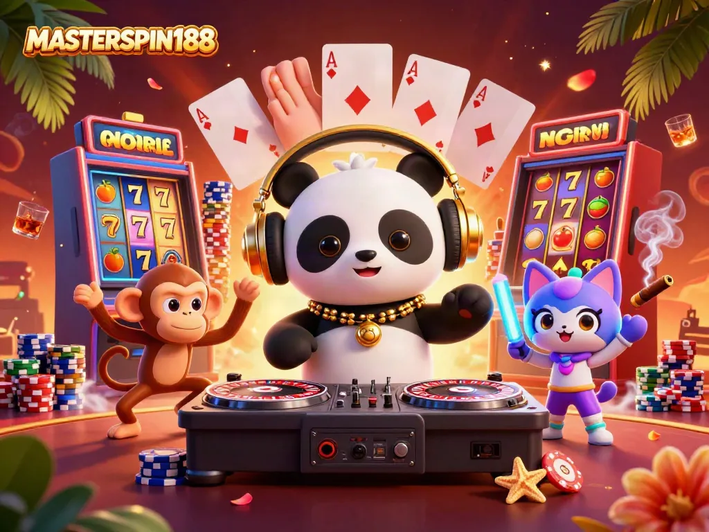 Experience the thrill of MASTERSPIN188 with a lively casino scene featuring animated characters and slot elements.