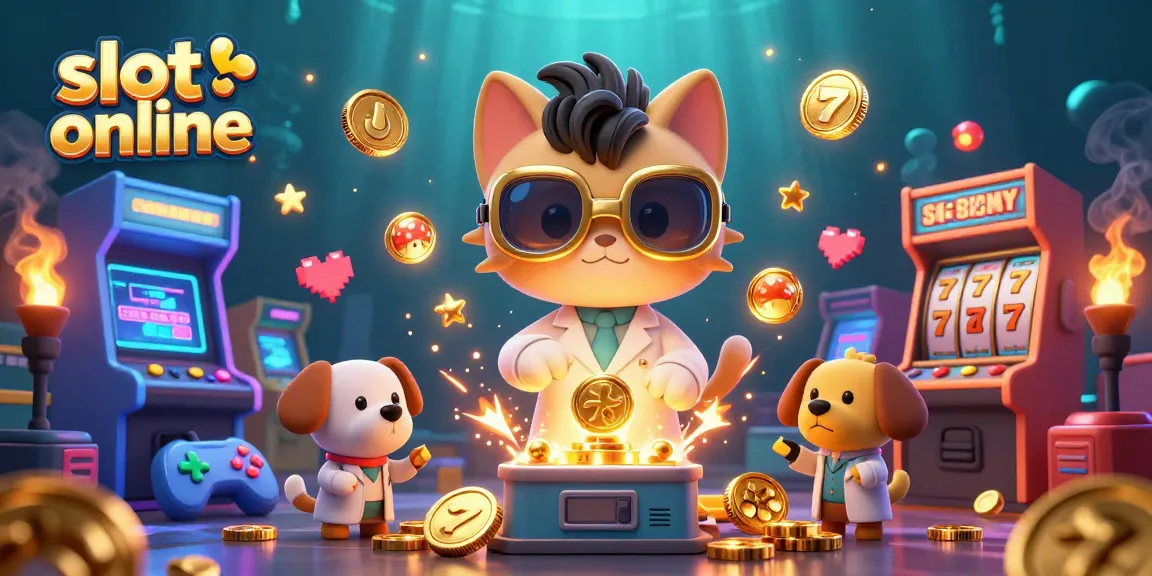 Slot online menggabungkan mesin judi dengan kucing ilmuwan dan anjing, dihiasi visual yang menarik.