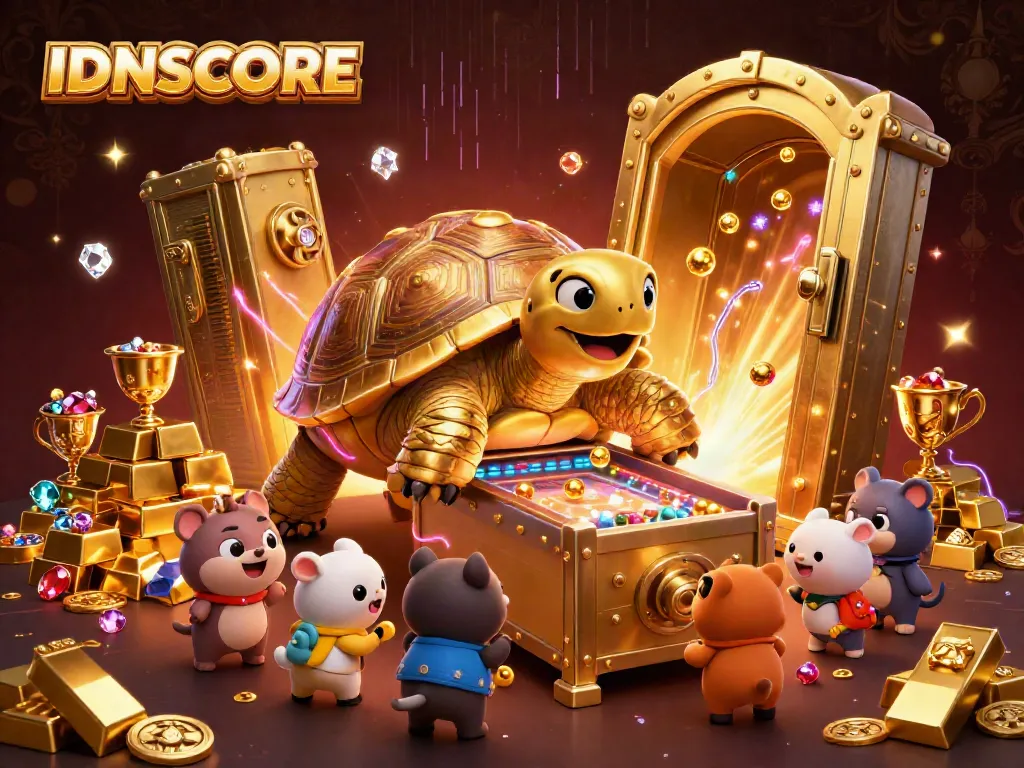 Experience thrilling gameplay with IDNSCORE, featuring a colossal tortoise pinball machine amidst dazzling treasures and joyful players.