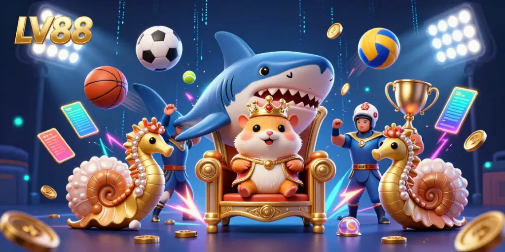 Engage in immersive gameplay at LV88 with vibrant casino-themed 3D illustration featuring a fierce hamster king and royal elements.