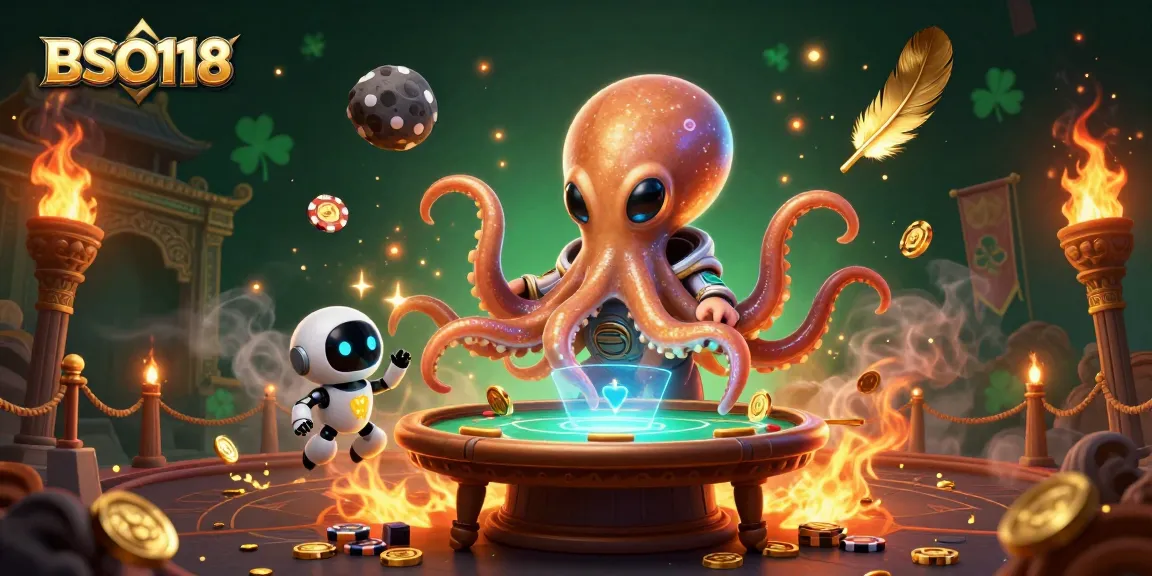 Engage with the thrilling world of BSO118 in a vibrant alien poker scene featuring dynamic characters and cosmic chips.