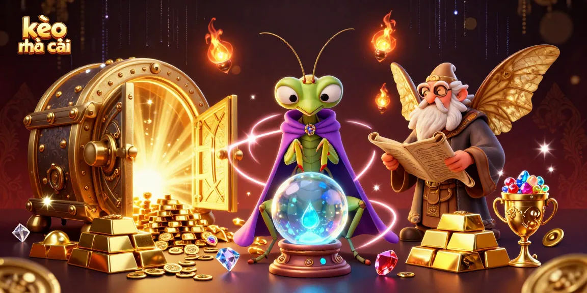 Engage the kèo nhà cái experience with vibrant 3D characters surrounded by glowing treasure and magical oracles.