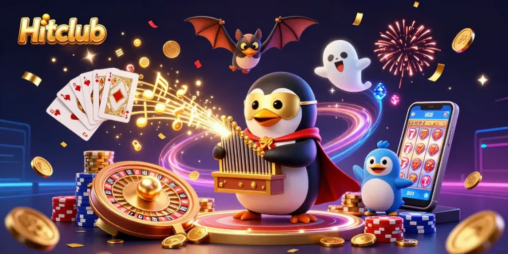 Hitclub showcases a vibrant 3D casino scene with a penguin organist, golden coins, and festive elements.