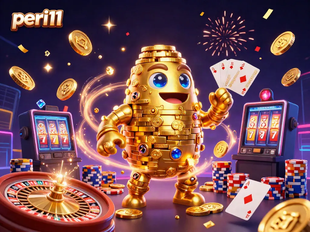 Experience thrilling wins at peri11 with a vibrant scene of golden golems, cascading coins, and lucky slots.