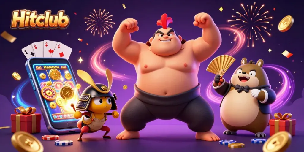 Spin the reels and win big with Hitclub in this vibrant casino illustration.