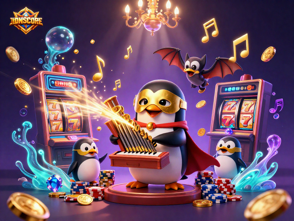 IDNSCORE highlights an engaging casino scene with animated characters and dynamic slot features.