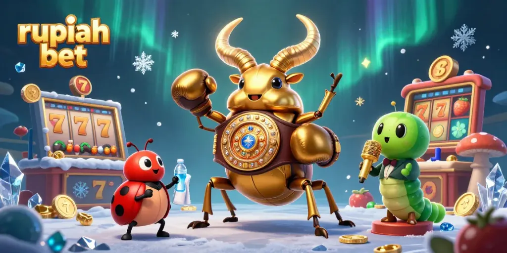 Engage in thrilling action with rupiah bet as a golden stag beetle squares up in a casino-themed arena.
