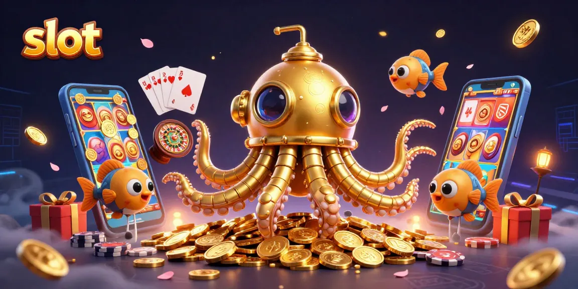 Engage in thrilling slot play with a vibrant scene featuring a kraken hybrid submarine and slot game elements.
