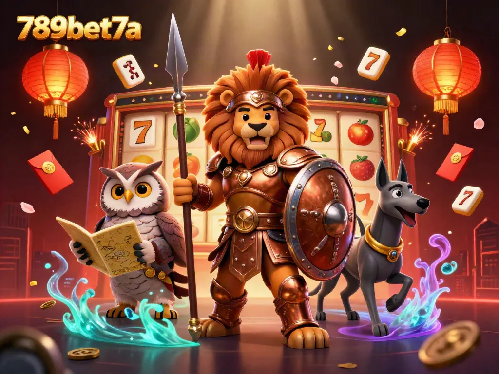 Engage with the vibrant 789bet7a casino experience illustrated through a heroic Spartan lion, tactical owl, and swift greyhound amid dynamic gaming elements.