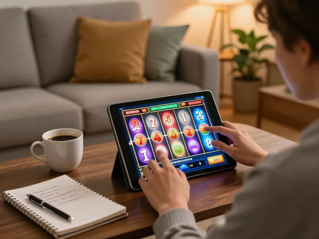 Kenzobet player enjoying an exciting online slot game on a tablet in a cozy living room.