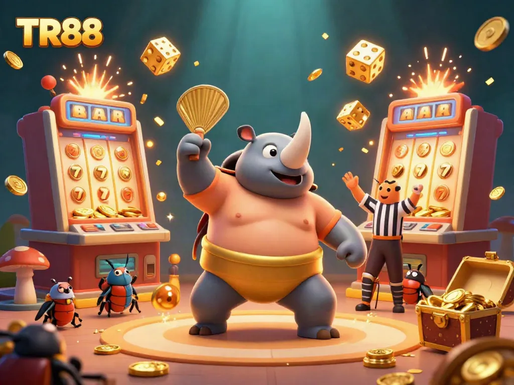 Experience the excitement of TR88 with a vibrant scene of a sumo beetle champion amidst slot machines and flying coins.