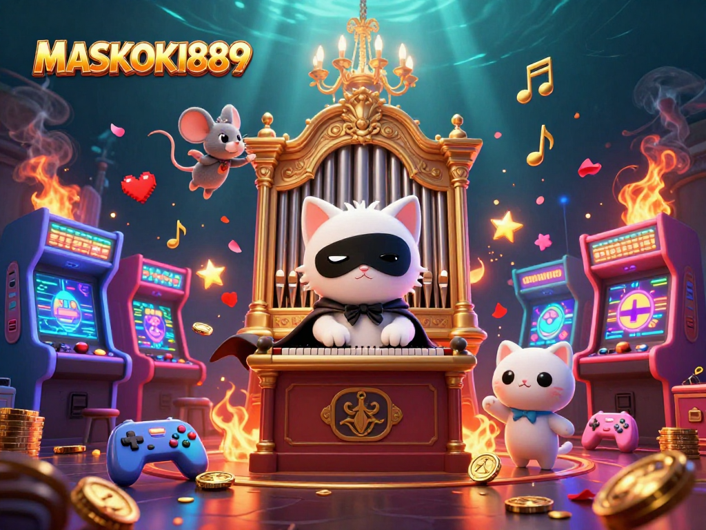 Experience thrilling gaming action with MASKOKI889 in this vibrant casino-themed illustration filled with gaming elements.