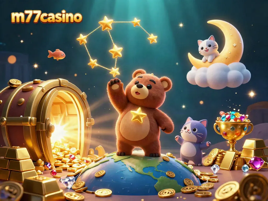 Ilustrasi kasino m77casino dengan beruang bintang mengambil koin dan elemen permainan yang kaya