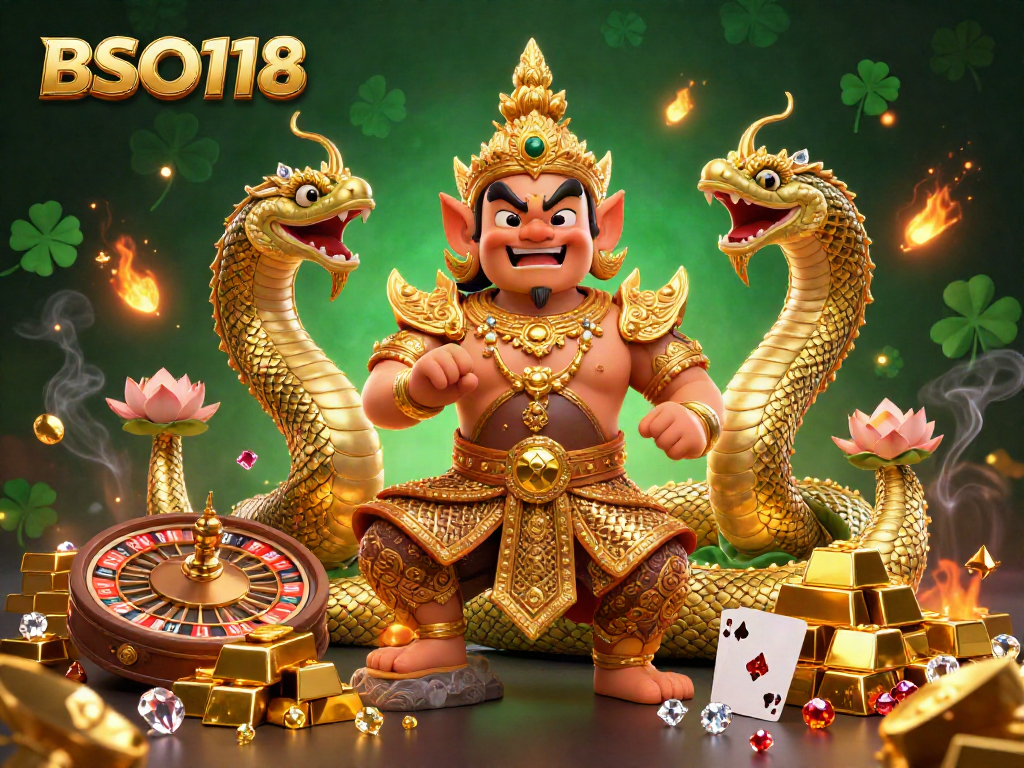 Engage with BSO118's vibrant casino environment featuring a yaksha guardian and roulette action.