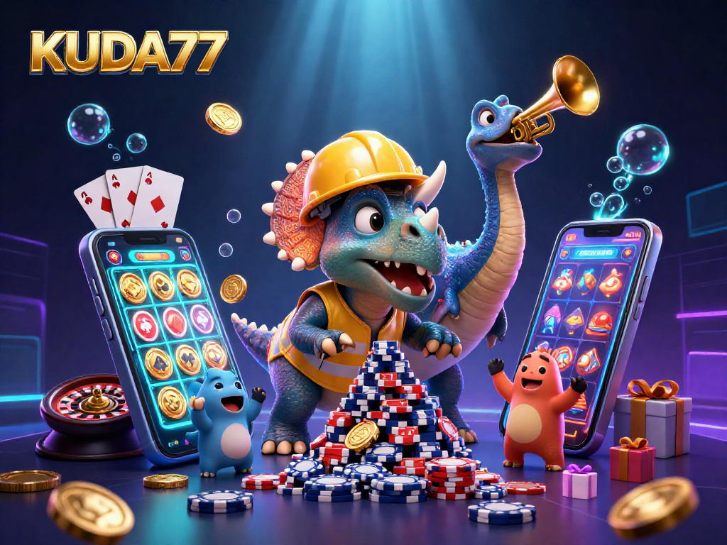 KUDA77 menampilkan triceratops membangun tumpukan chip poker, dikelilingi elemen kasino penuh warna.