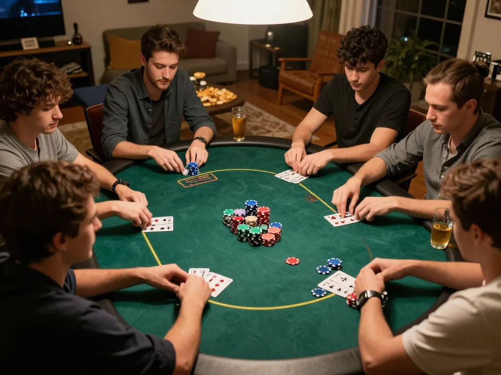 Friends enjoy a strategic poker game night at home, showing gawang69 atmosphere with colorful chips.