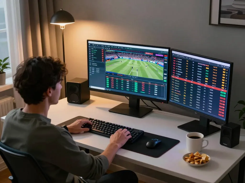 Kuwin player engaging in sports betting with multiple screens, showcasing live odds and events.