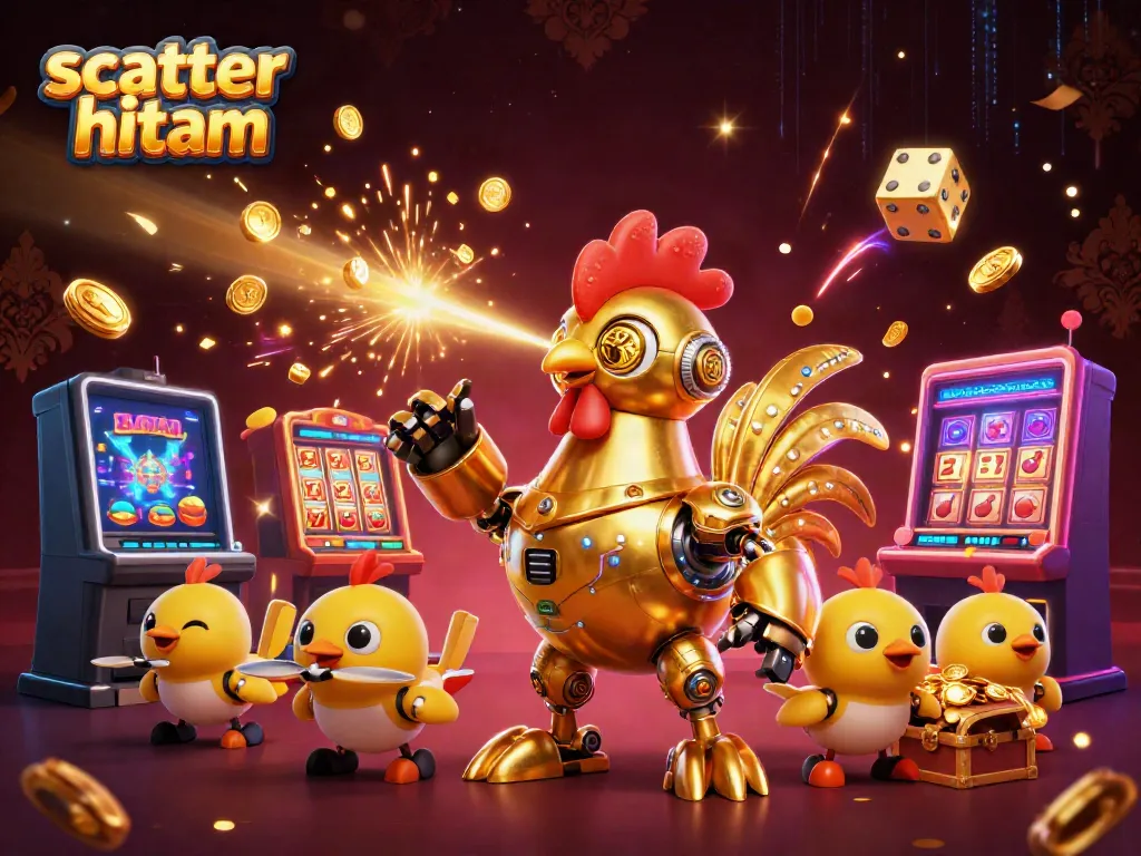 Slot mesin jackpot dan robot emas scatter hitam dalam aksi menghibur dengan sinar laser dan koin emas terbang.