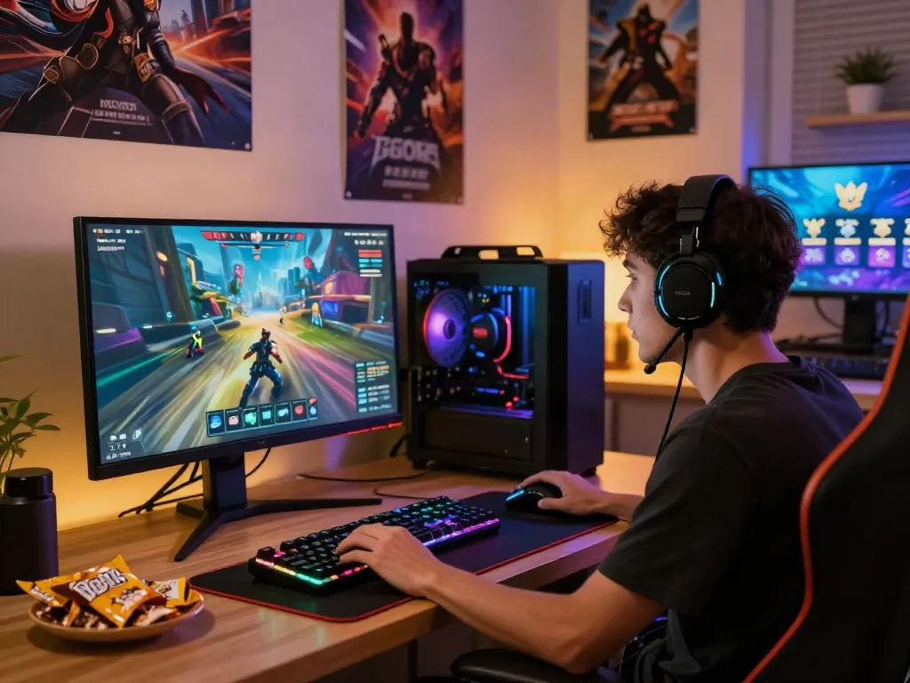 Kediritoto: Gamer serius di dalam setting apartemen modern yang nyaman, dikelilingi oleh peralatan gaming.