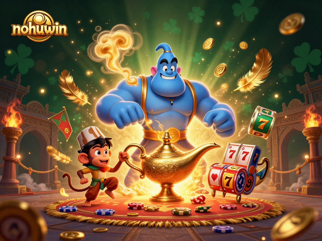 Experience big wins at nohuwin with a magical scene featuring a genie and poker chips.