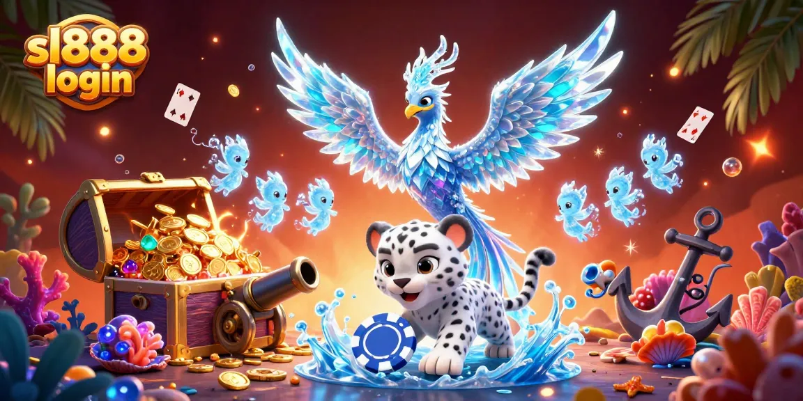 Enjoy thrilling sl888 login experiences with a dazzling ice phoenix and lively sprites on a gaming adventure.