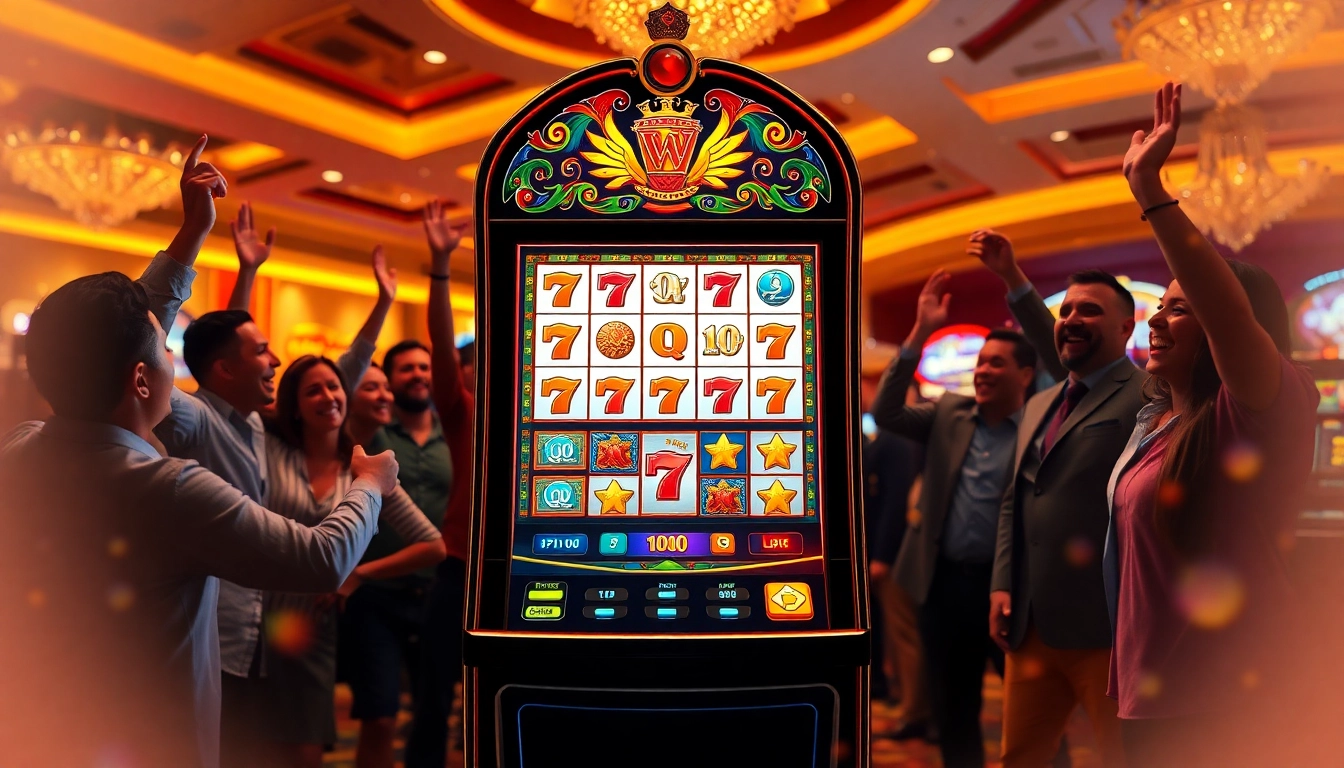 Menggairahkan permainan ArusHoki slot dengan mesin slot dan pemain yang merayakan kemenangan.