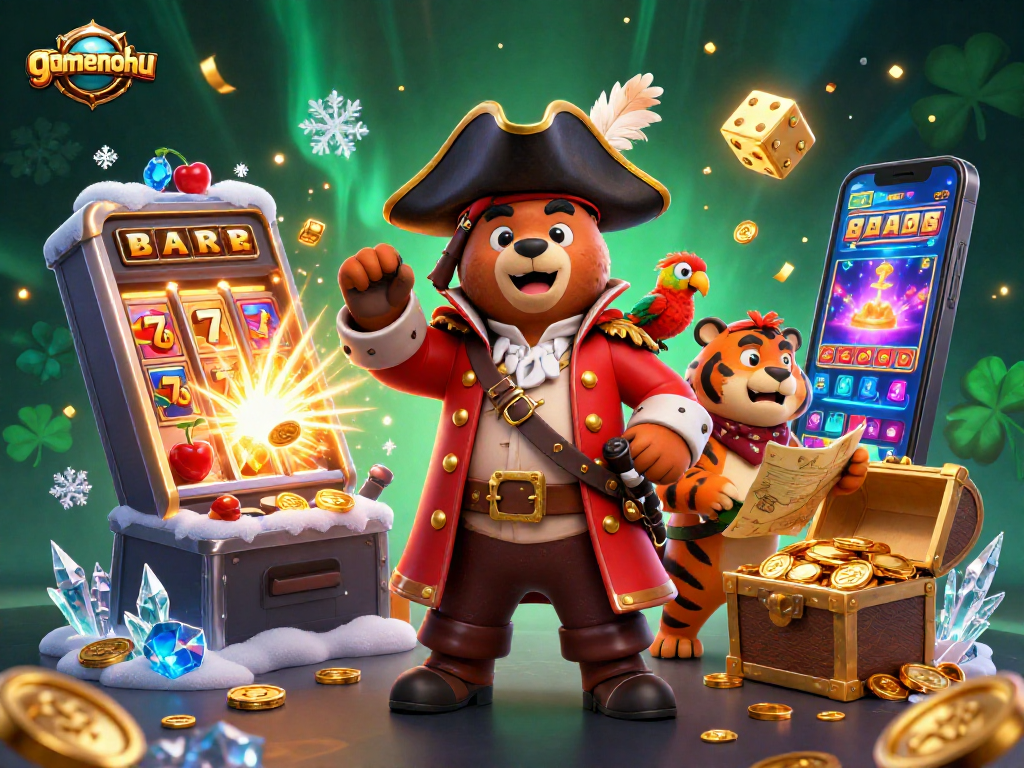 Experience gamenohu's thrilling jackpot action with pirate bear, tiger mate, and dazzling slot elements.