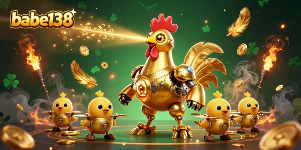 Bermain di babe138 dengan robot ayam emas futuristik dan simbol slot yang memukau.