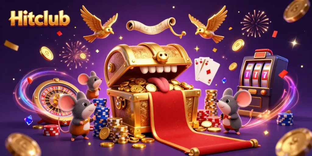 Engaging scene depicting Hitclub with golden treasure chest drawing in mice and vibrant casino elements.