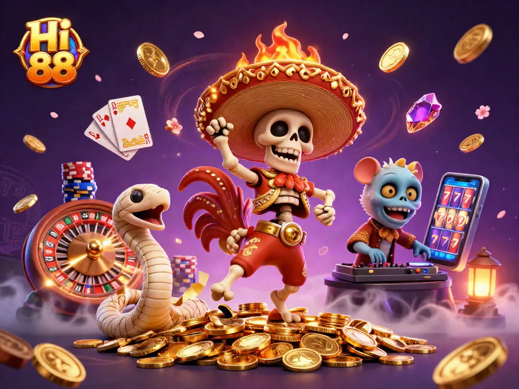 Experience thrilling wins with Hi 88 as lively characters dance among sparkling coins and vibrant casino elements.