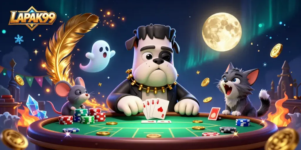 LAPAK99 showcases a lively 3D poker scene with unique characters and dynamic casino elements.