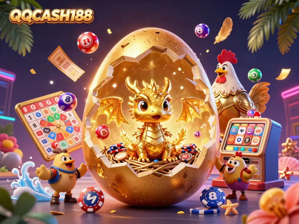 Experience QQCASH188's playful charm with a golden dragon revealing precious poker chips and vibrant game elements.