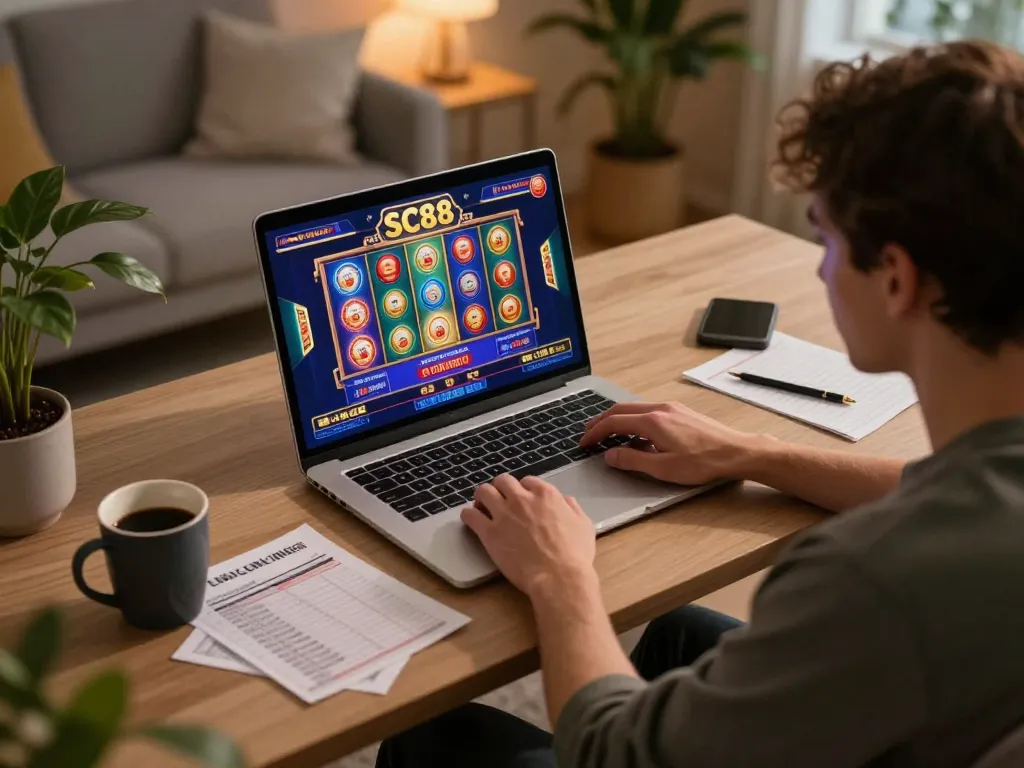 Engaging in SC88 casino gaming at home with laptop and bankroll notes visible.