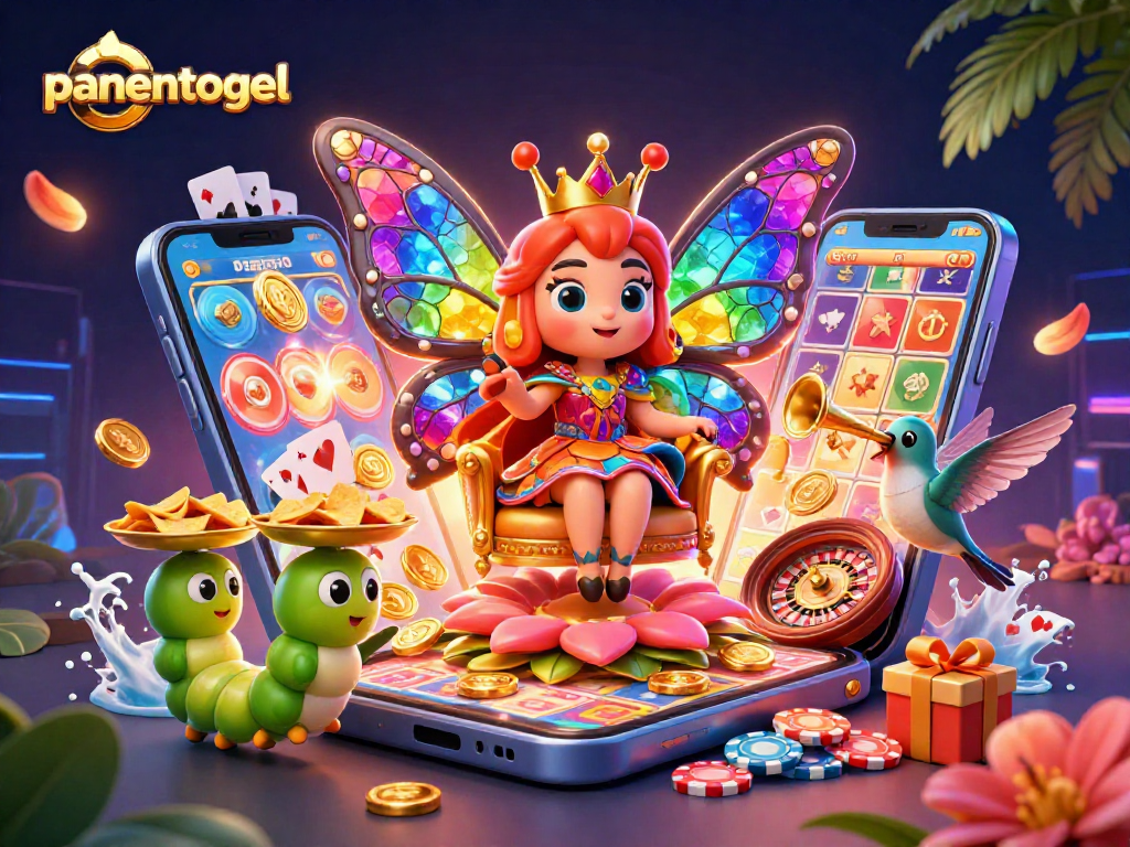 Engage in thrilling lottery experiences with panentogel's vibrant, animated scene of games and winnings.