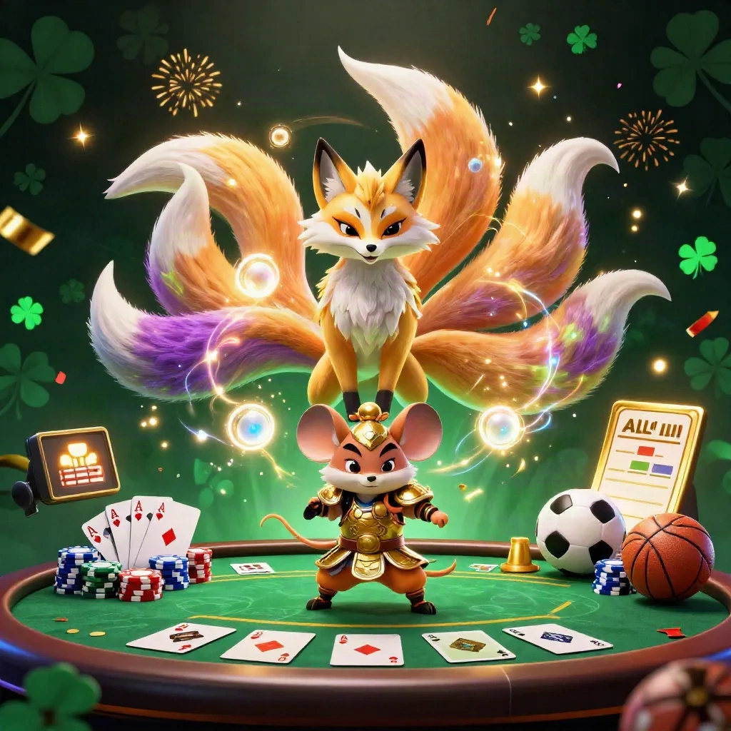Rubah roh neon dan tikus samurai di antara bola, chip, kartu, dan cahaya emas.