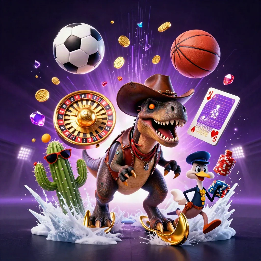 T-Rex koboi, kaktus, dan roadrunner dikepung koin, bola, serta efek neon kasino.
