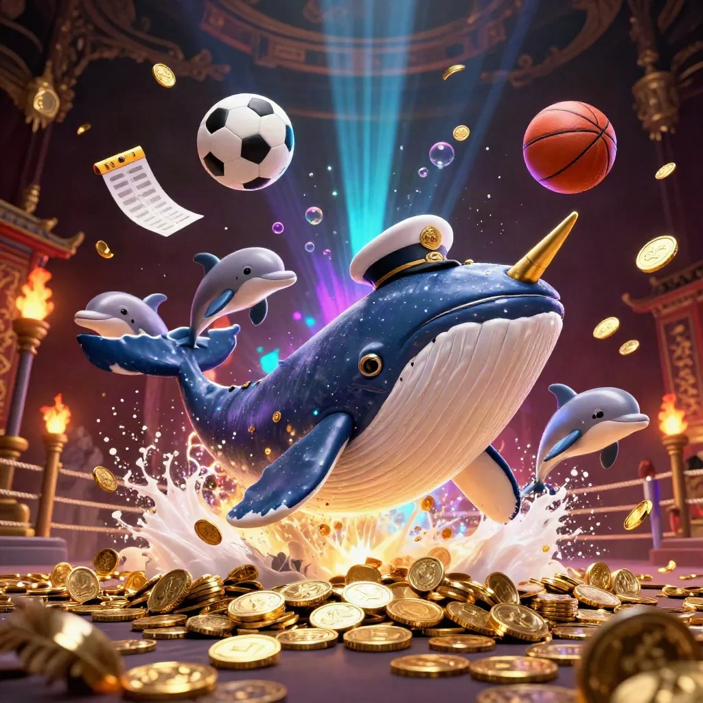 Paus kartun raksasa, narwhal, dan lumba-lumba dikelilingi koin, bola, serta cahaya neon mewah.