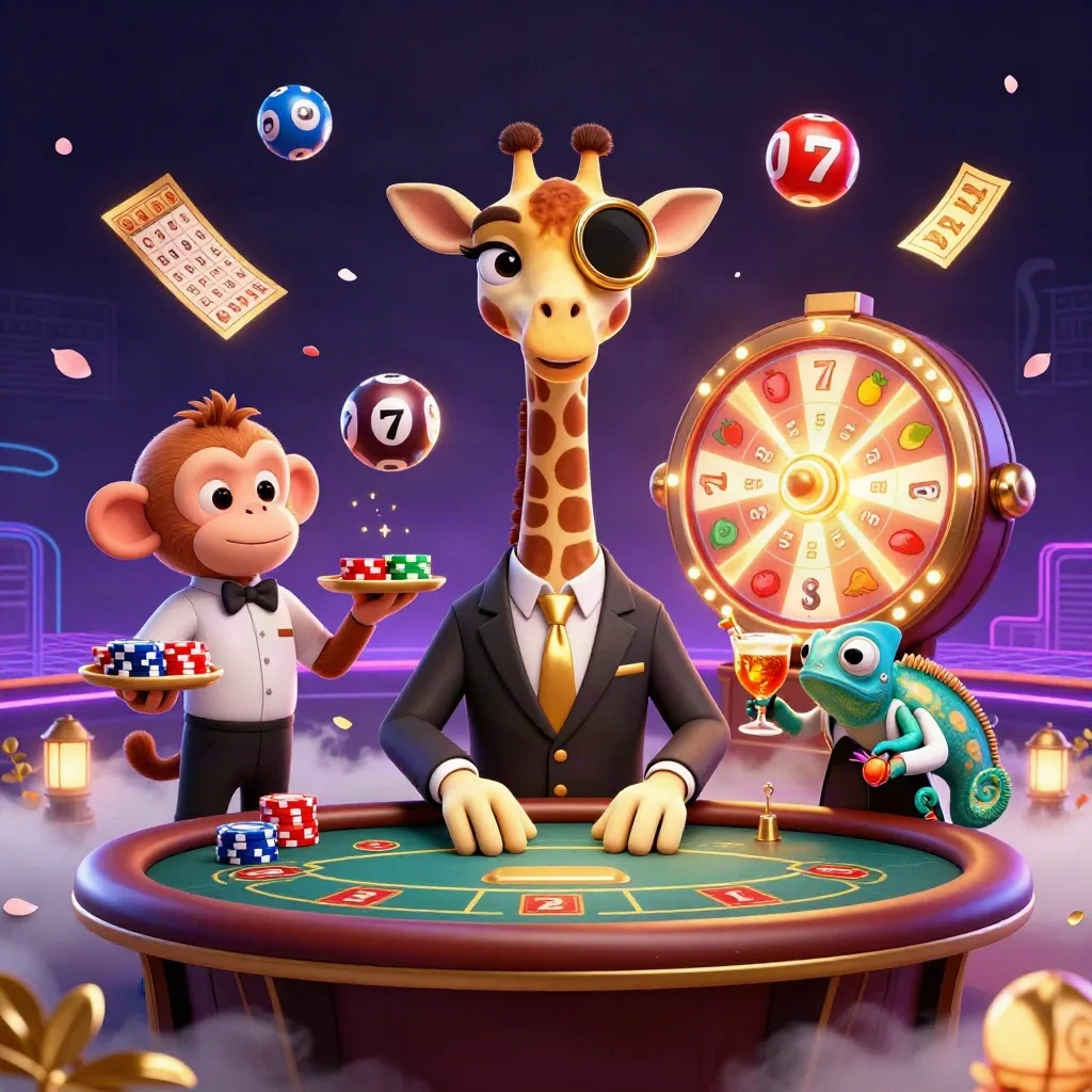 Jerapah, monyet, dan bunglon mewah di meja poker dikelilingi bola lotre dan roda hadiah neon.