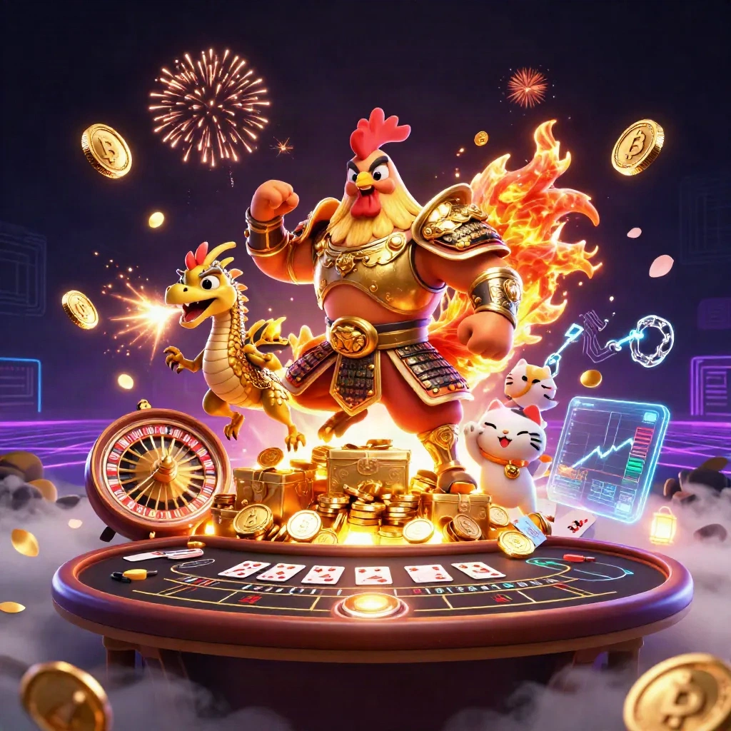 Ayam samurai, bayi naga, dan kucing keberuntungan dikelilingi koin emas, petir neon, dan ledakan hadiah.