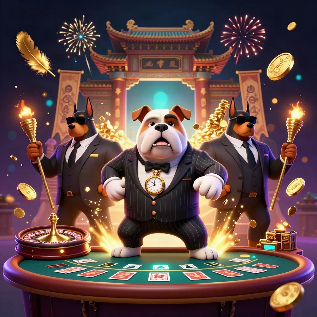 Bulldog bos mafia dan dua doberman dikelilingi koin, meja kasino, dan efek cahaya mewah.