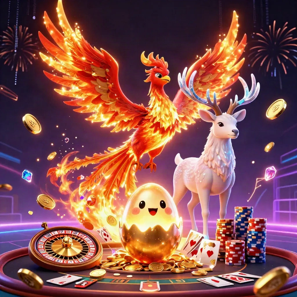 Phoenix, rusa bertanduk kristal, dan bayi phoenix di lautan koin emas neon.