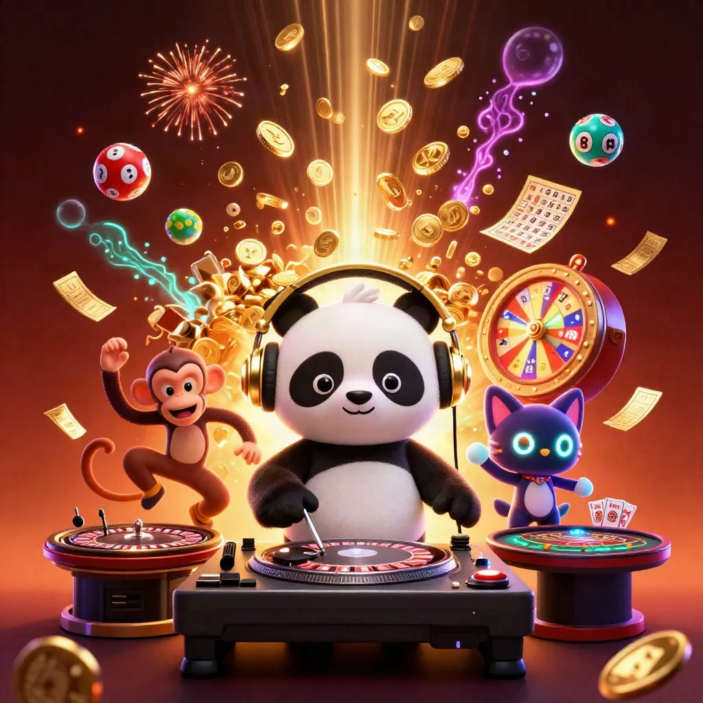 Panda DJ, monyet breakdance, dan kucing rave dikelilingi koin emas, bola lotre, dan neon.