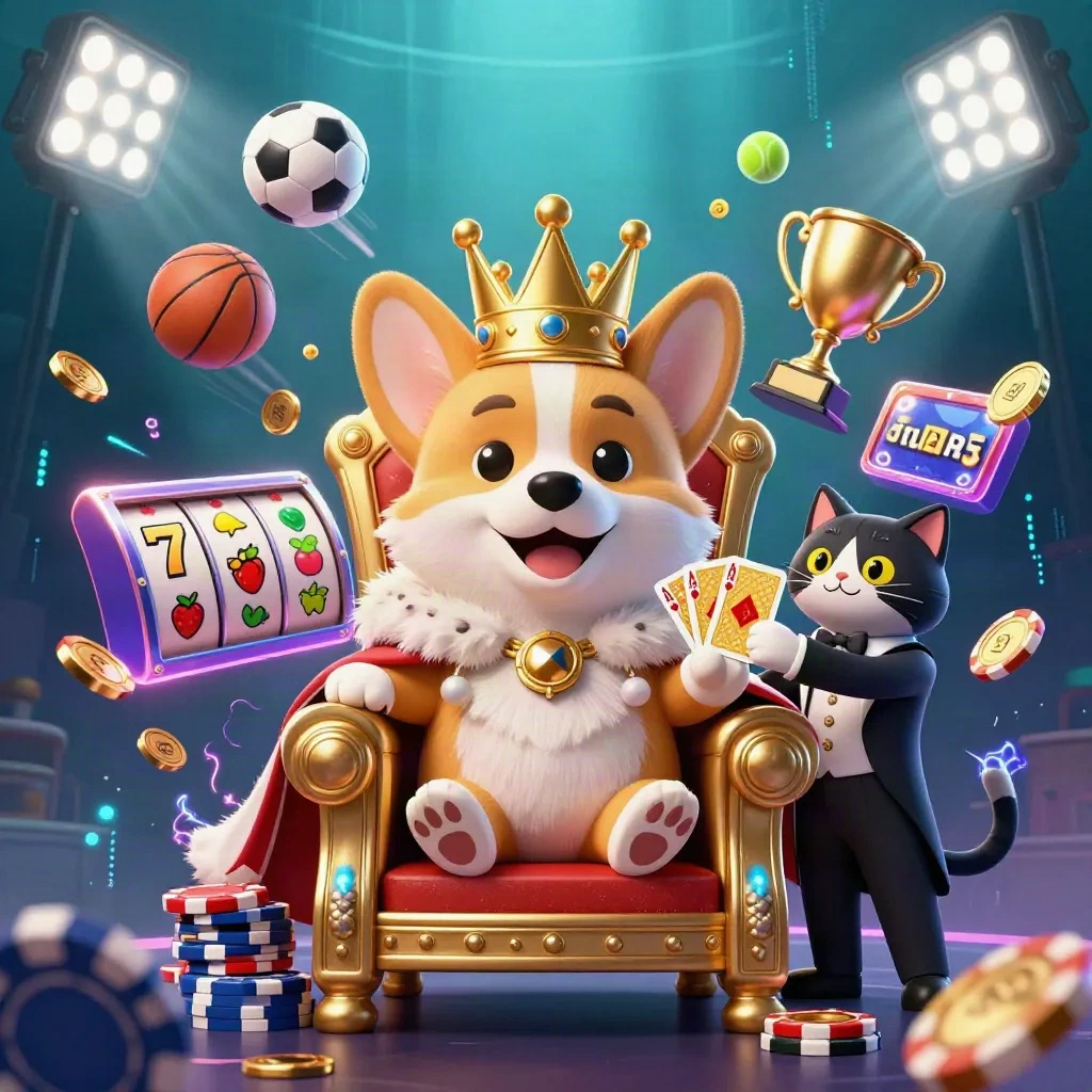 Kucing pelayan dan corgi kerajaan di singgasana chip, dikelilingi bola, koin, gulungan slot, dan neon.