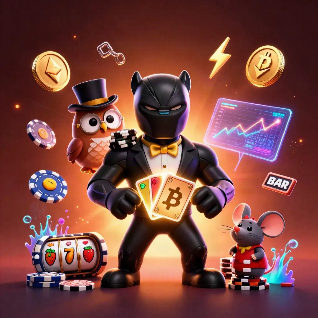 Panther tuxedo, burung hantu, dan tikus di kasino neon dengan koin, chip, dan kilat