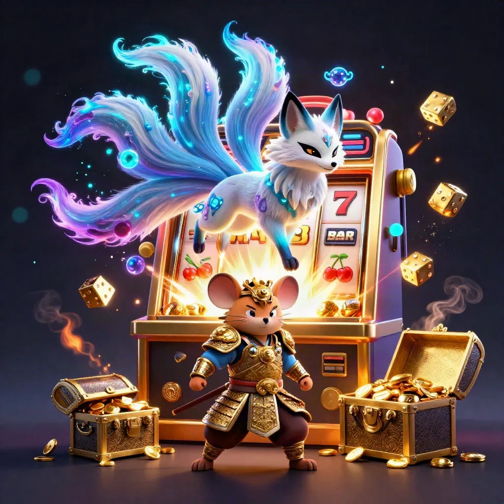 Rubah roh sembilan ekor dan tikus samurai emas di tengah ledakan mesin slot, koin, dan kilau biru.